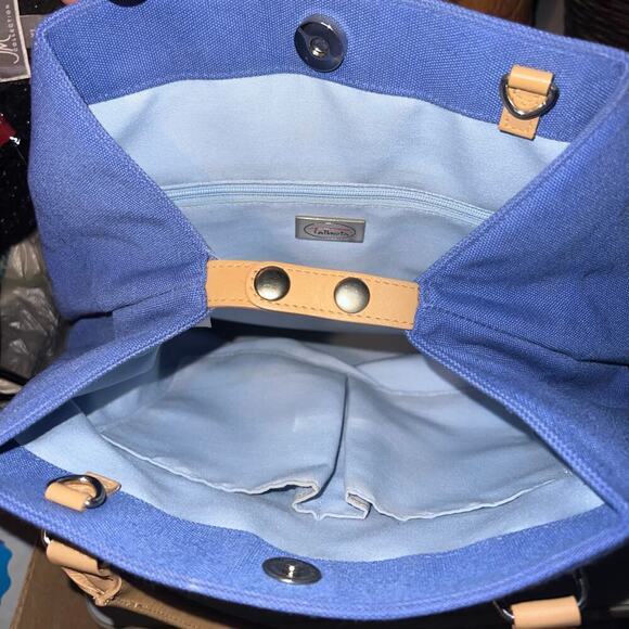 Talbots medium blue canvas contrast tan handle snap closure Y2K satchel handbag - Picture 5 of 10